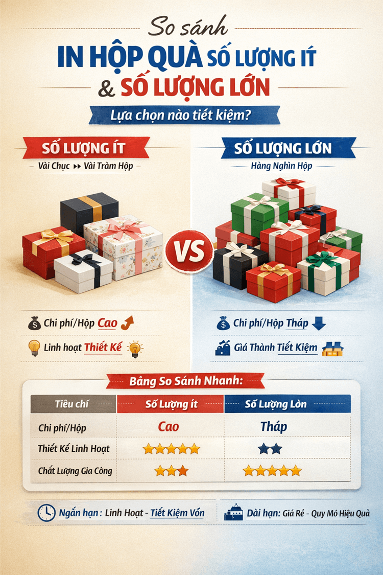 Bảng So Sánh Nhanh In Hộp Quà Tặng Số Lượng Ít và Số Lượng Lớn