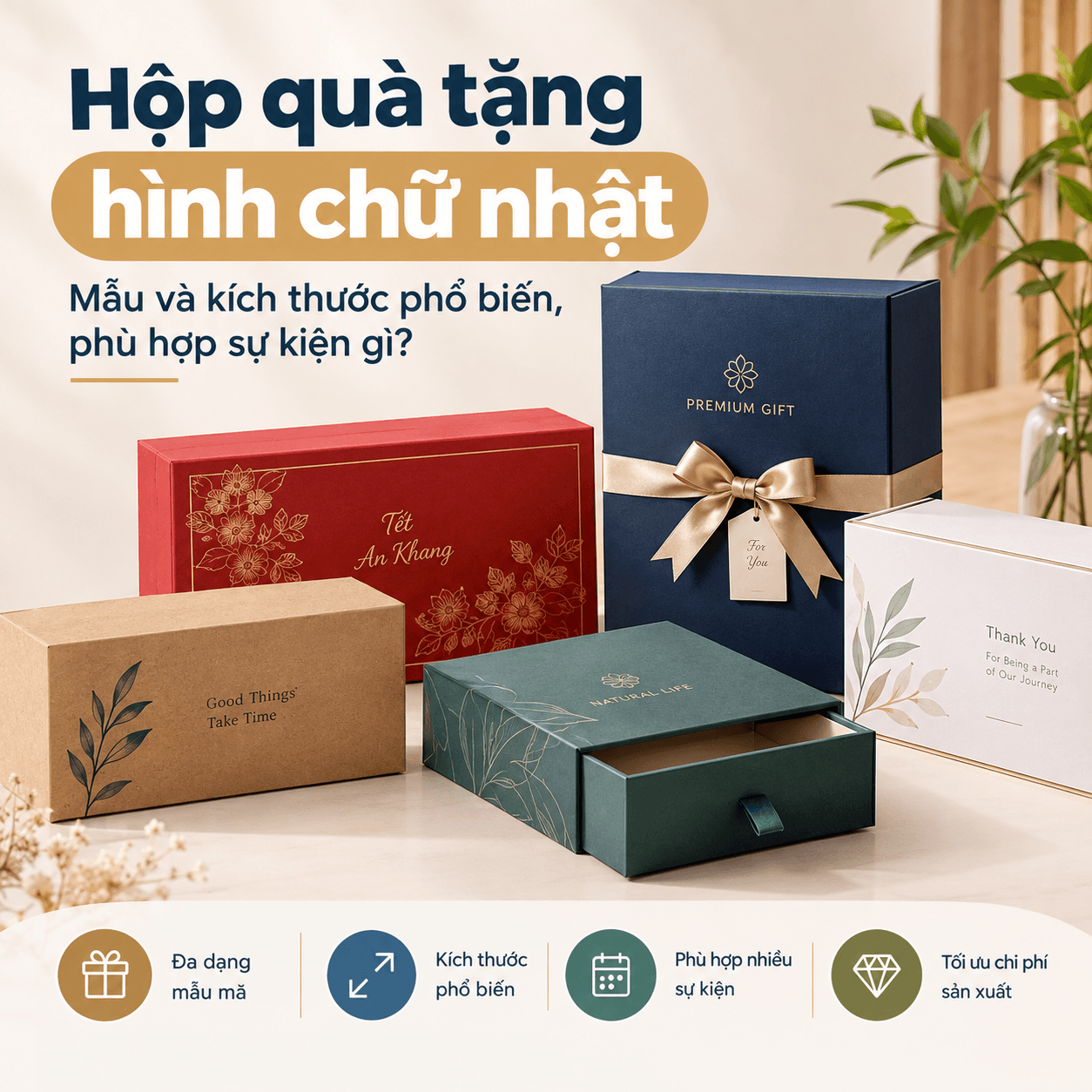 Hộp quà tặng hình chữ nhật mẫu và kích thước phổ biến